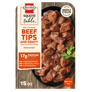 HORMEL SQUARE TABLE Slow Simmered Beef Tips and Gravy, Beef Shoulder Cuts, Refrigerated, 15 oz